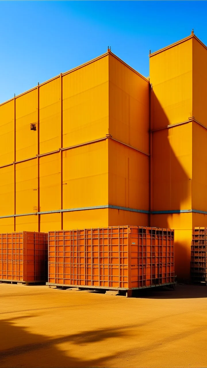 A yellowish orange colored mechanical warehouse with hardware designed in Navajo baskets painted by Lyonel Charles Feininger