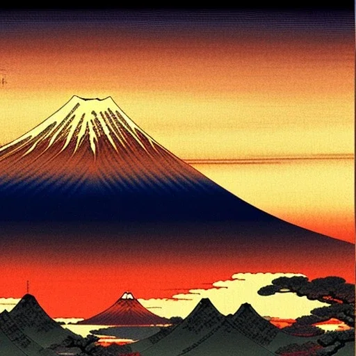 Ukiyo-e painting of a mount fuji at sunset