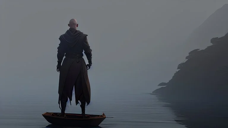 black robed monk in a small boat on quiet water in the mist