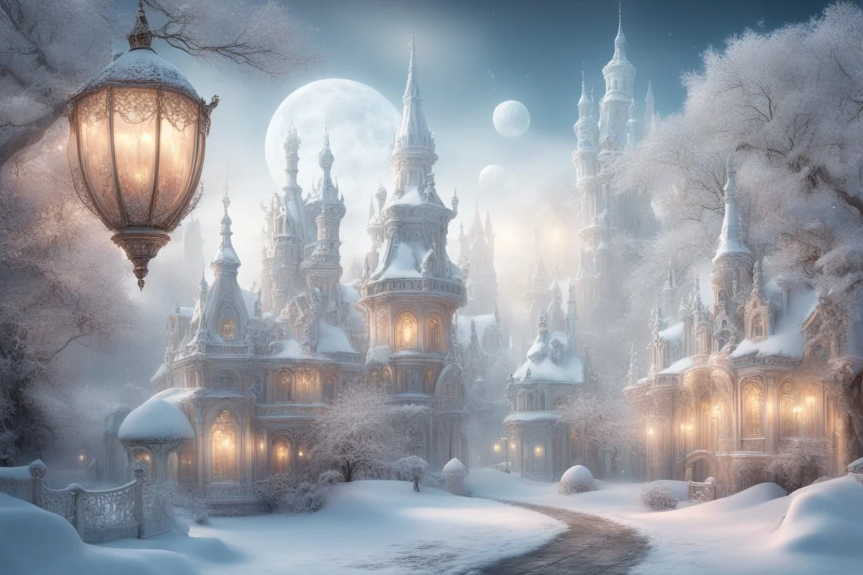 fairy tale city, dream city, landscape in light silver tones, colorful. delicate white velvety clouds, exquisite and filigree, lanterns, ice sculptures in rococo style, snow-covered trees, snow, mystical haze, beautiful, lumen, professional photo, beautiful, high resolution, cgi, f/16, 1/300 s, digital painting with high detail. Dmitry Vishnevsky