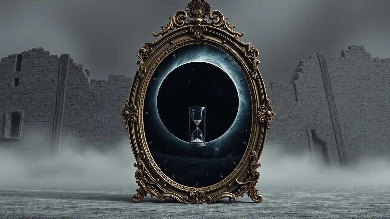 A monumental baroque mirror standing in empty gray desert landscape before a crumbling old gothic stone wall, Cold gray reality outside the mirror, subtle fog. antique clock above the frame showing exactly 12:00. Inside the mirror lies the Realm of Midnight: a colossal black eclipse above an endless cosmic abyss, melting stars, brocken hourglass inside the mystic mirror, and big abyss of universum, the mirror one gate into the physical dimension. Dark surreal vibe,