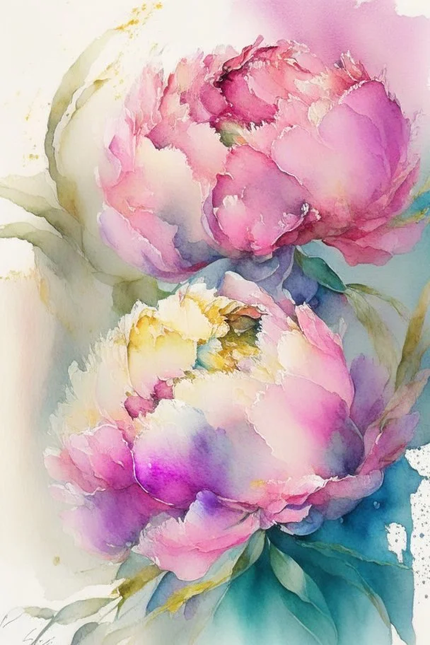 peonies, watercolor painting, ultrasharp, realistic colors, with some splashes of mixed colors