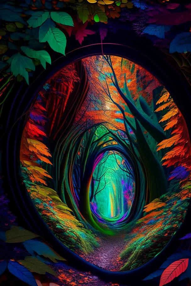 In the heart of an untouched 8K high-definition primeval forest, a mesmerizing kaleidoscope of colors unfolds within a timeless tunnel, creating a vivid gateway to another dimension. The rich hues of nature paint the scene, as if time itself is woven into the very fabric of the lush surroundings.