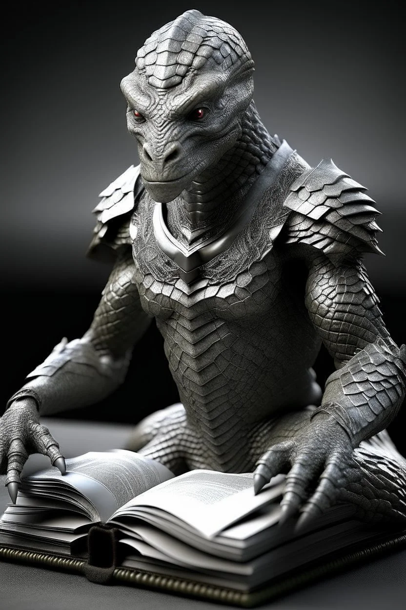 reptilian humanoid, grey diamond - shaped scales, big magic book