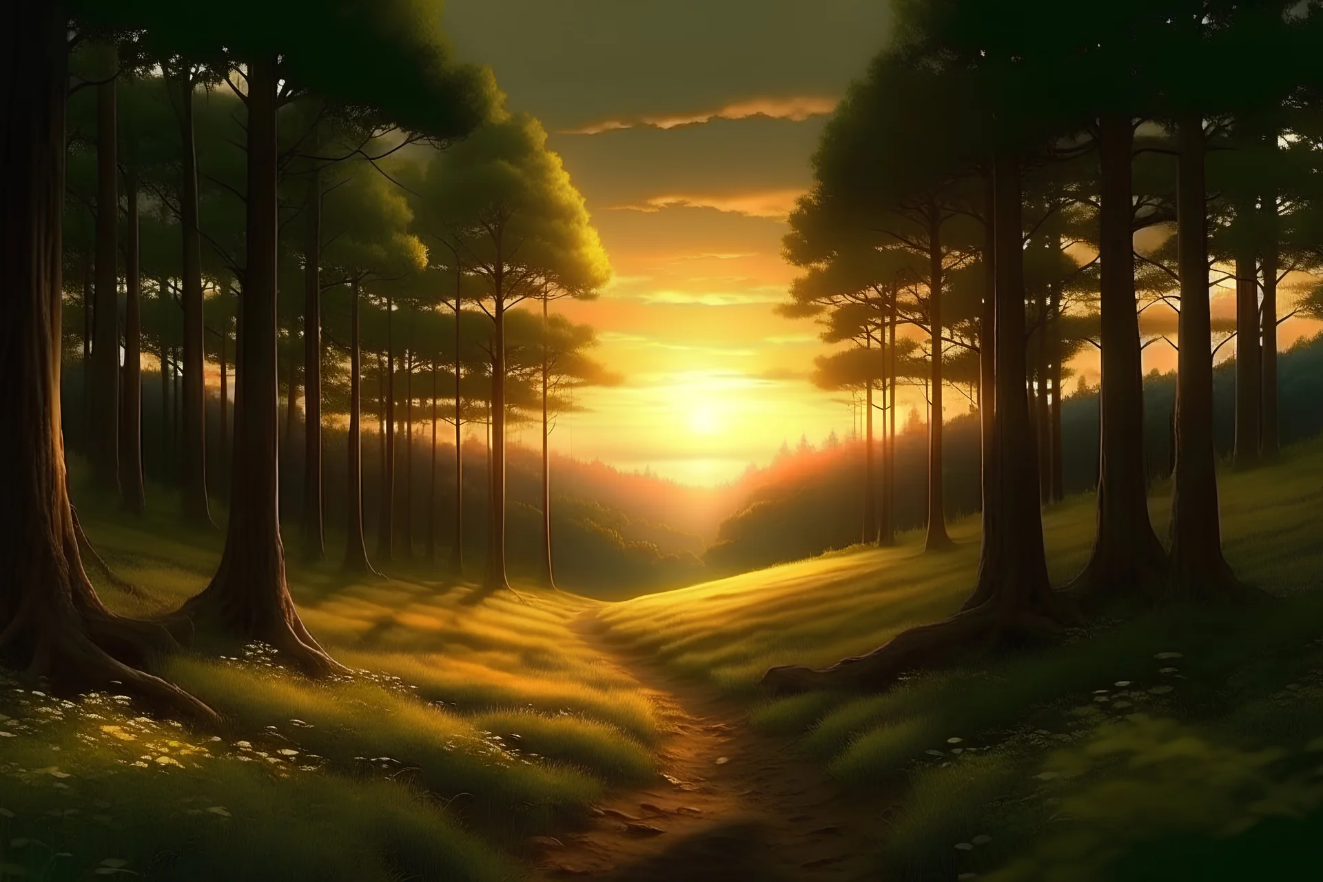anime feild path woods forrest sunset