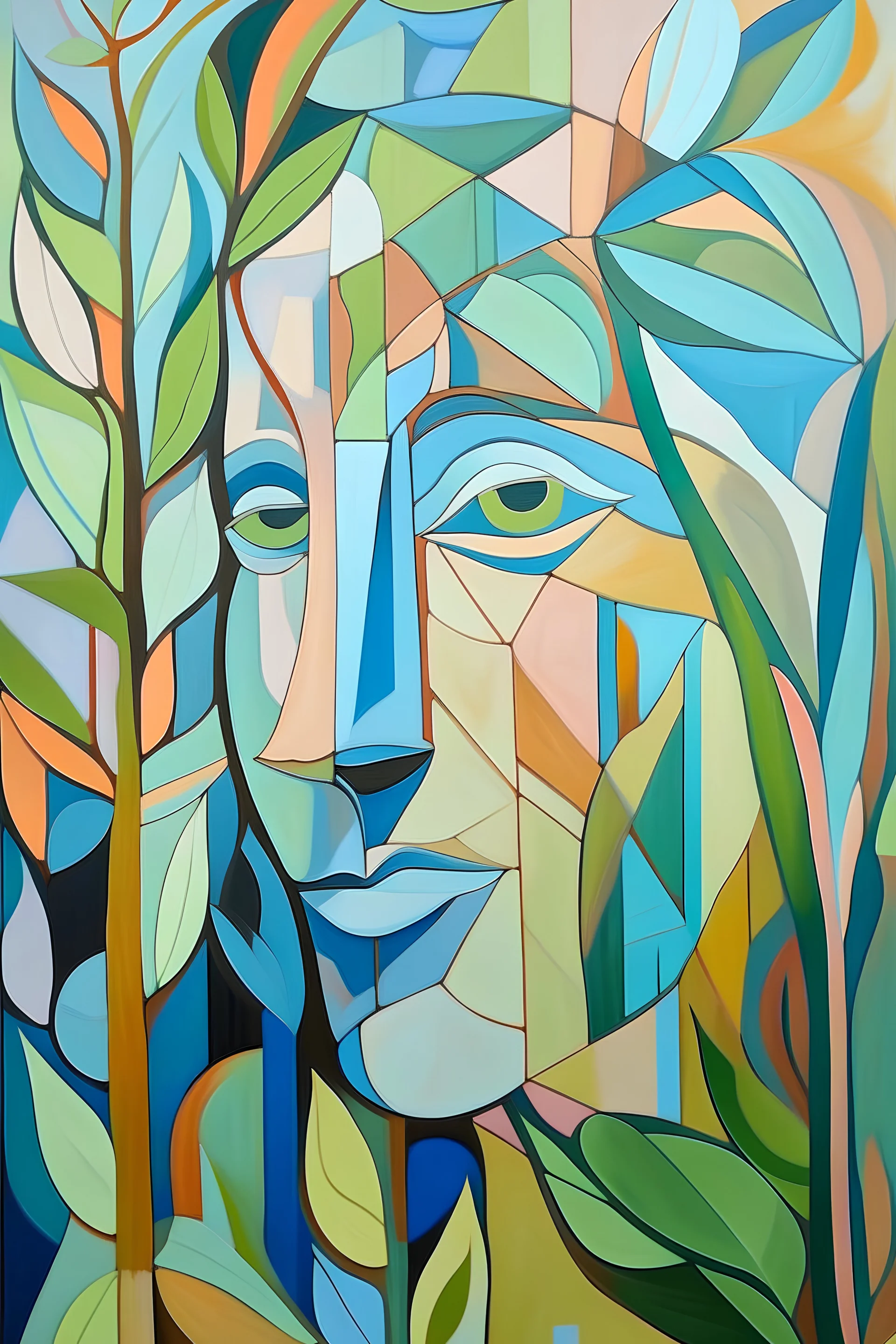 abstraction, pastel colors, cubism, lines, plants and facial features