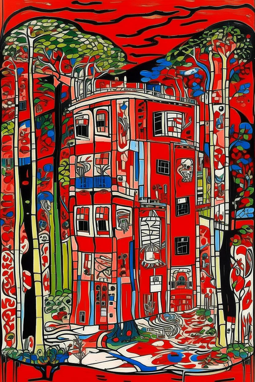 A red fiery Japanese palace painted by Jean Dubuffet