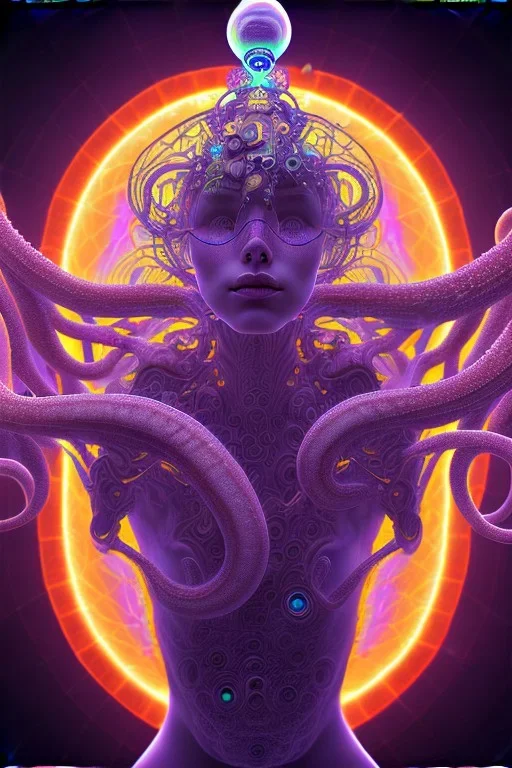 Spiritual being with Tentacles over human Head creating reality around, wrapping Spiral around people, Psychedelic