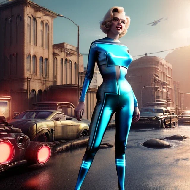 Realistic press image, retro sci-fi, portrait, waist up view, blonde woman, sweet Marylin Monroe face, perfect iris, glow eyes. tight latex tights suit. Retro Futuristic city, cars flying. epic style, vibrant color, highly detailed, unreal engine 5, ray tracing, RTX, lumen lighting, ultra detail, volumetric lighting, 3d, finely drawn, high definition, high resolution.