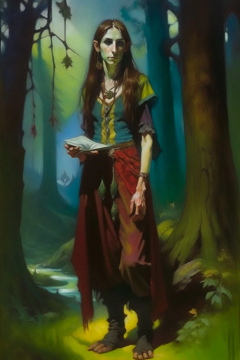 1970's dark fantasy cover dnd style oil painting of a hobo tarot tall woman gipsy elf with sport outfits with minimalist far perspective. Magazine.