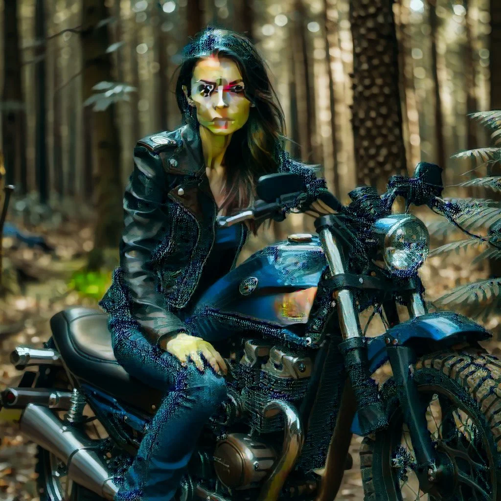 Very attractive woman sitting on a motorcycle. The bike is Yamaha. In the background is a forest.