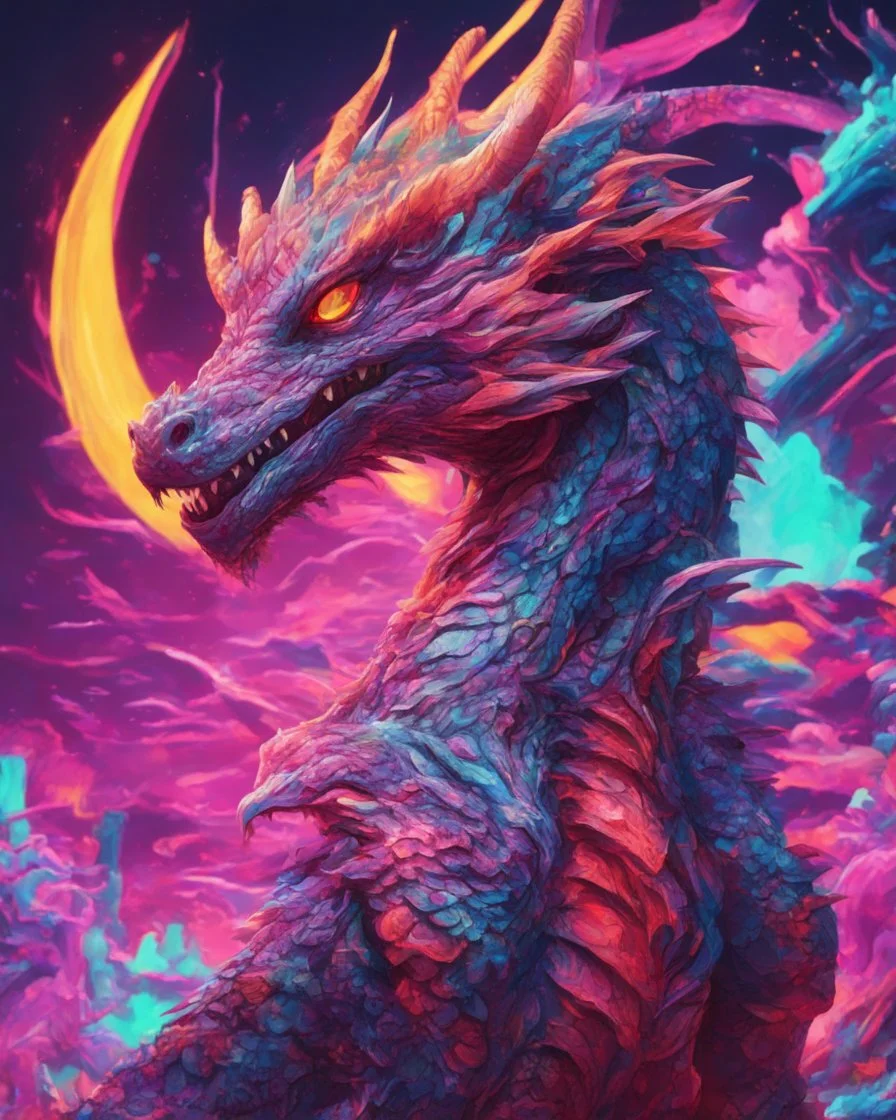 Close up shot, Dragon in a vibrant synthwave dreamscape, neon chaos swirling energetically around pixelated forms, a dynamic fusion of retro gaming nostalgia and futuristic abstraction