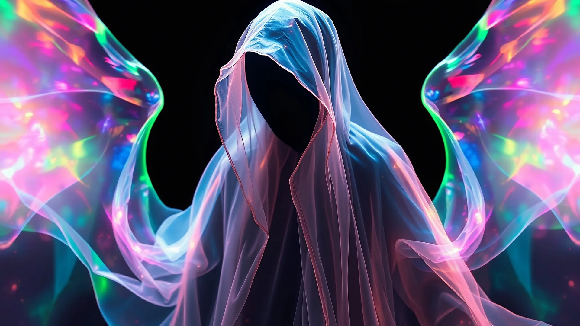 In a mesmerizing and ethereal manner, an otherworldly being emerges in the form of a translucent black hood ghost. This exquisite and captivating image, resembling a digital painting, showcases the ghost's ephemeral nature, seamlessly blending with the vibrant colors of its surroundings. With an aura reminiscent of pure radiance, the ghost's translucent figure appears as if touched by divine light. Its flowing, iridescent robes create an illusion of movement,