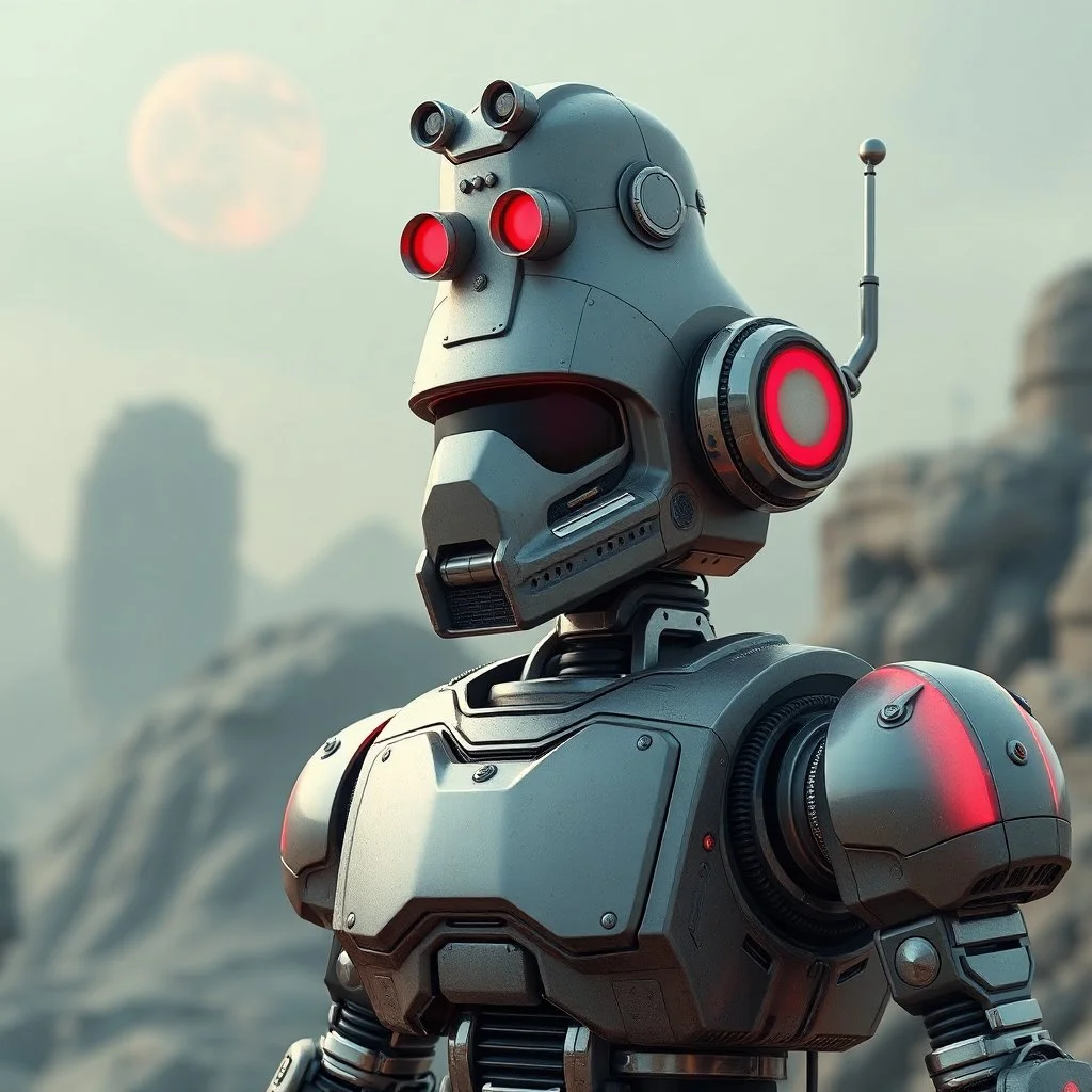 a retro-futuristic robot, space age, dystopia, stylised, digital art, 3d render