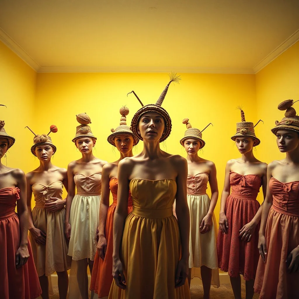 Flash photo of a room, a senseless jumble of bodies, wearing absurd hats and other senseless clothes, and dried fruit, odd objects, in a bright, featureless, yellowish-white room, surreal characters in real life. Details of their skin and dresses very accentuated. 8k, fine focus, funny