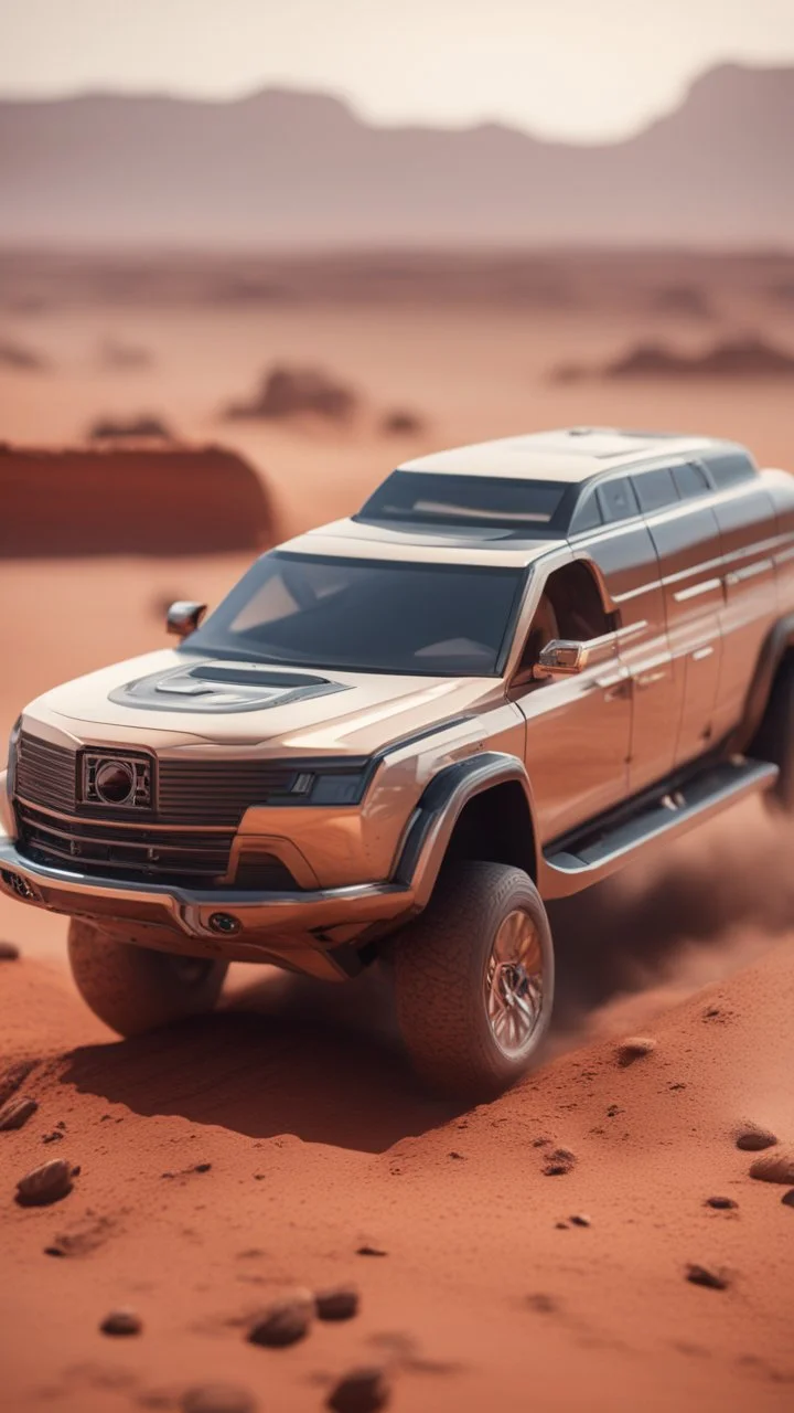 a long pickup limousine doing stunt jumps on mars ,bokeh like f/0.8, tilt-shift lens 8k, high detail, smooth render, down-light, unreal engine, prize winning