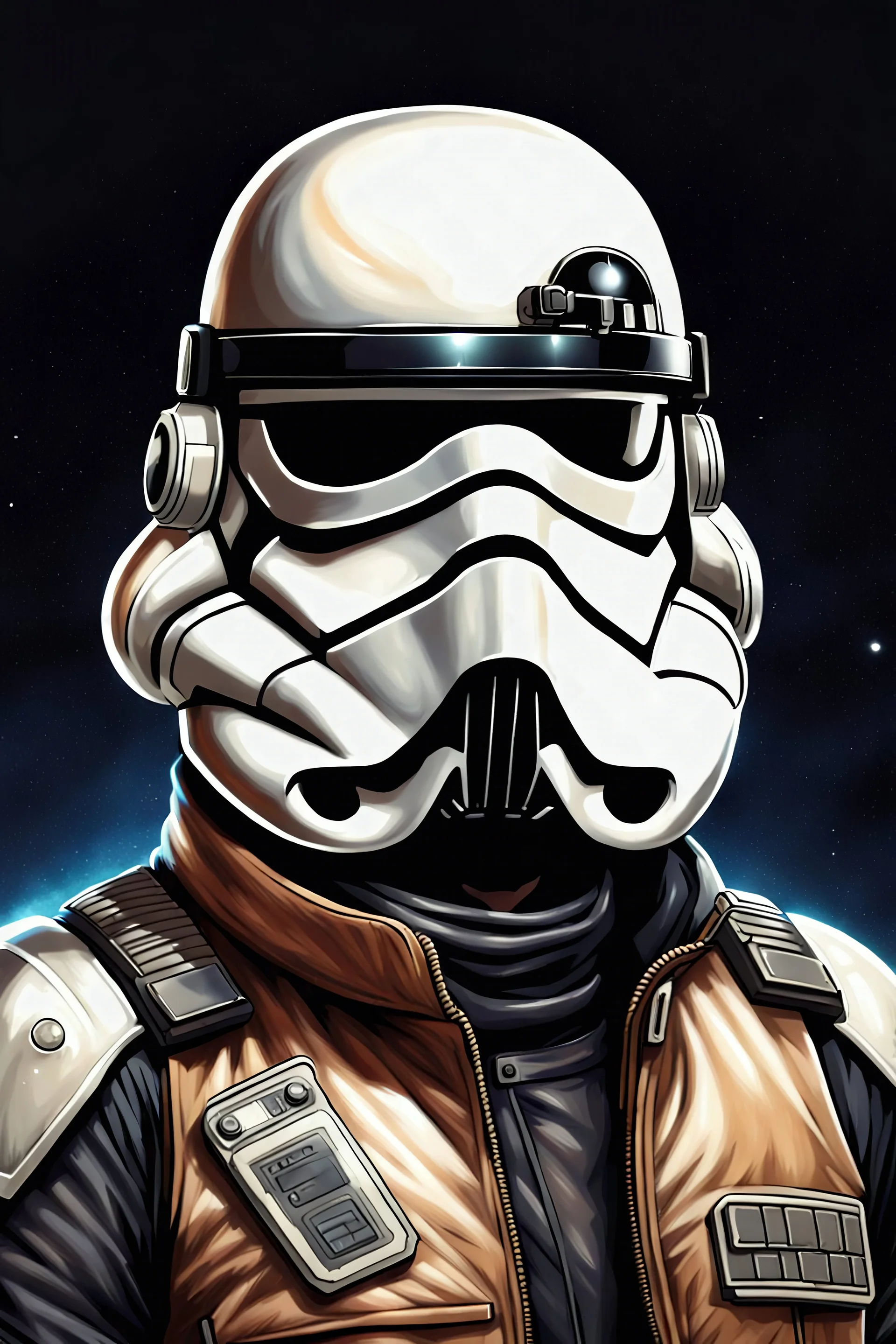 Retrato de un personaje de ciencia ficción de alta calidad de un cazarrecompensas con una chaqueta de aviador. Ilustrado al estilo realista . Lleva un casco de soldado de asalto imperial de star wars