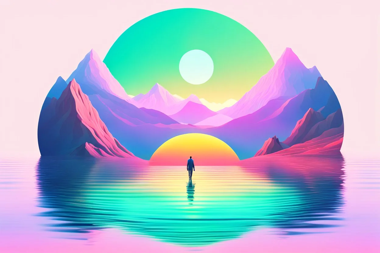 a large body of water with mountains in the background, inspired by Beeple, minimalism, sun rises between two mountains, colorful ravine, moon rising, mobile wallpaper, beautiful composition 3 - d 4 k, beautiful iphone wallpaper, a round minimalist behind, the middle of a