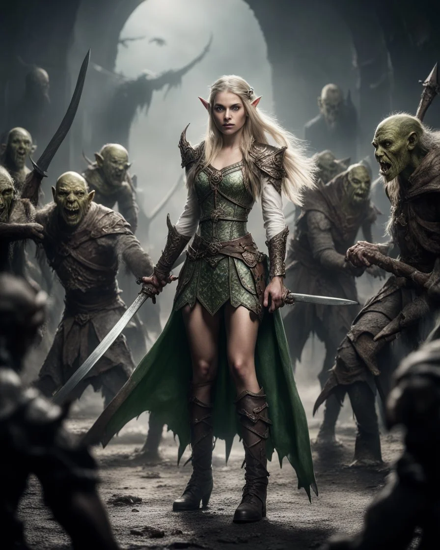 Length image full body photography Profesional Photoshoot Elf princess on dramatic standing action holding sword engraving sorrounded by orcs zombies troops