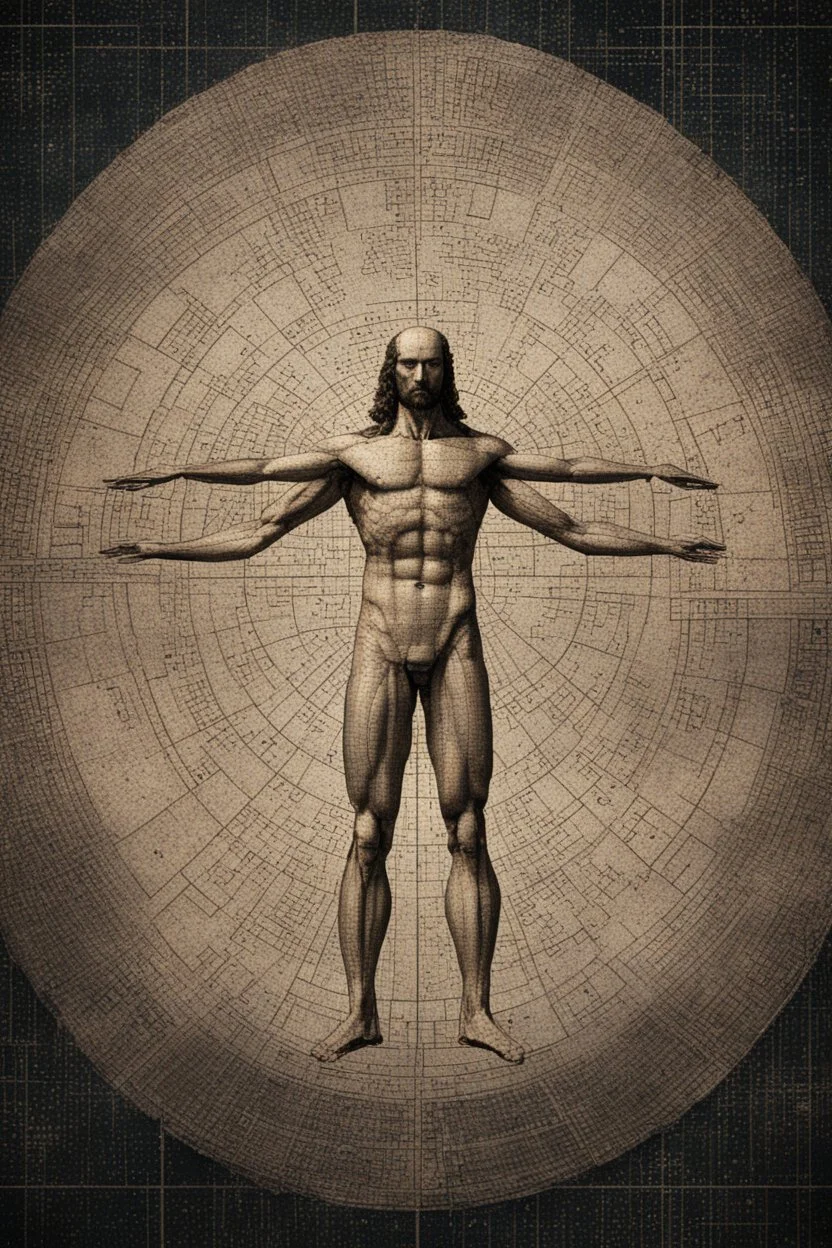 Human – Language – Computer. Leonardo da Vinci's Vitruvian man against the background of the matrix and the crumbling ones and zeroes. close-up of the surrounding area. Solid science fiction, high resolution