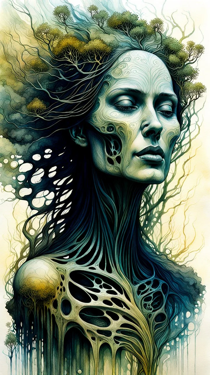 Zdzislaw Beksinski, and Peter Gric style ink wash and watercolor, full body illustration of a transcendent woman , highly detailed facial features, mixed to anatomical body view, visible plant like skeletal structure, wildly flowing hair, 8k octane, all in focus, clean face, no grain, ethereal, otherworldly, Mother Nature concept art in vibrant natural colors