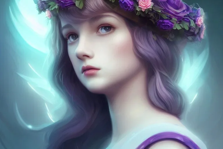 a beautiful cinematic female lolita goddess, young, cute, adorable, flower crown, galatic shamen with quantum energy fantasy, fantasy magic, undercut hairstyle, volumetric lighting, dark night light, intricate, elegant, sharp focus, illustration, highly detailed, digital painting, concept art, matte, art by sam curry