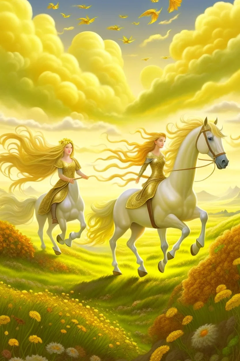 Fantasy digital art: fairies with golden hair, and white dresses descend from fluffy clouds towards a meadow with brown horses