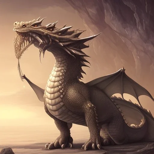 This dragon has no horns. Its neck is short; Its snout is vertically very tall, wide, very long, and rounded. Its teeth are bent outwards. It has rounded claws, fur, and wet scales. Its tail is very long and thin.