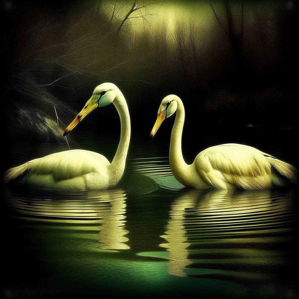 two swans in a romantic lake, dark green and warm yellow color, fantasy atmosphere