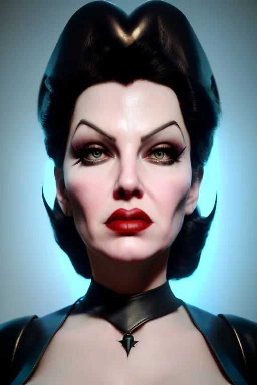 Lana Turner as evil queen in black leather, leather, busty, cleavage, angry, stern look. character design by cory loftis, fenghua zhong, ryohei hase, ismail inceoglu and ruan jia. unreal engine 5, artistic lighting, highly detailed, photorealistic, fantasy