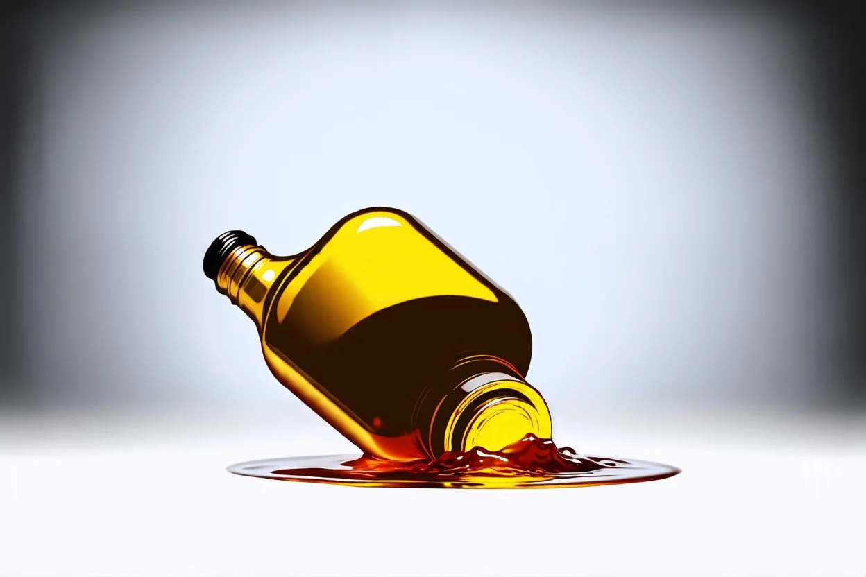 a bottle of motor oil floating while tipped over and pouring out oil. Smooth vector