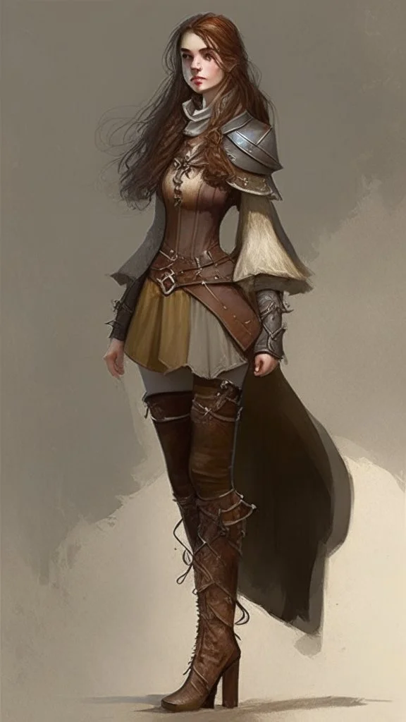 girl, brown hair, Her eyes are brown, she wears fantasy medieval clothes, she is slim, full body with boots side profile