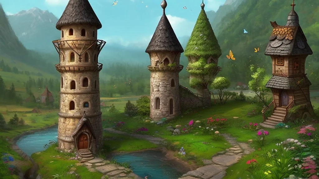 fairy tower in a middle of a small cute village, with many small houses and trees around the tower