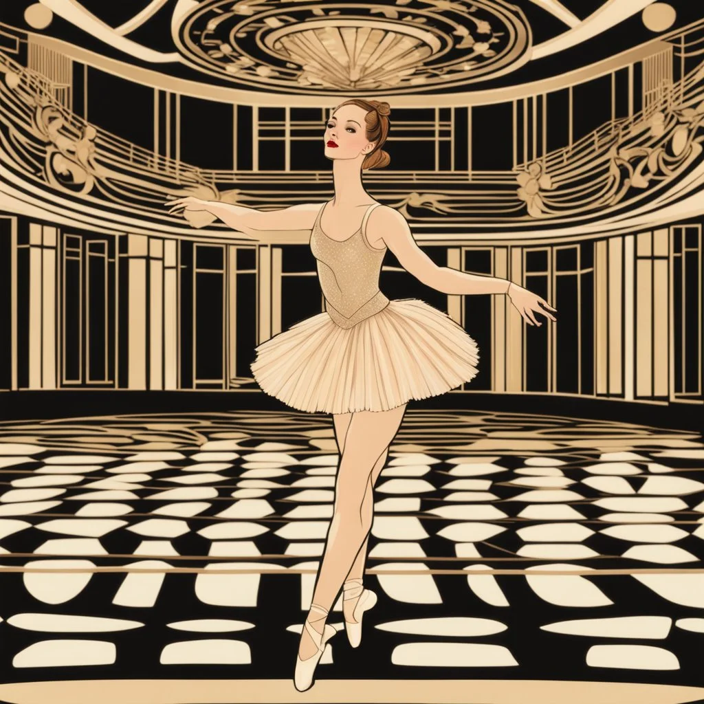 a ballerina in an Art Deco ballroom, by artist "Ingrid Umber",by artist "Sienna Lamberts"