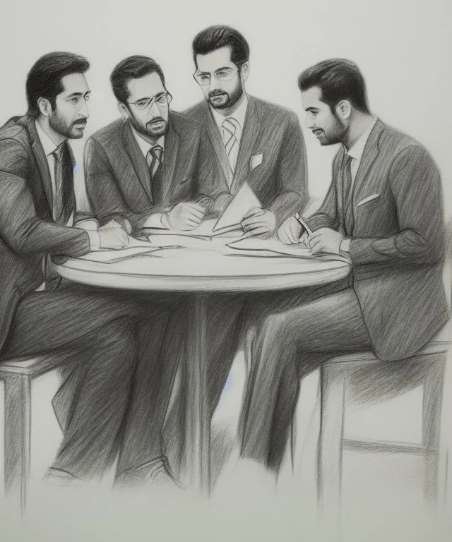 Pencil sketch of Four doctors are discussing ، on lined paper