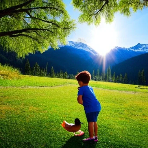 A child plays with a duck among the trees, the sun is shining and the mountains are high.