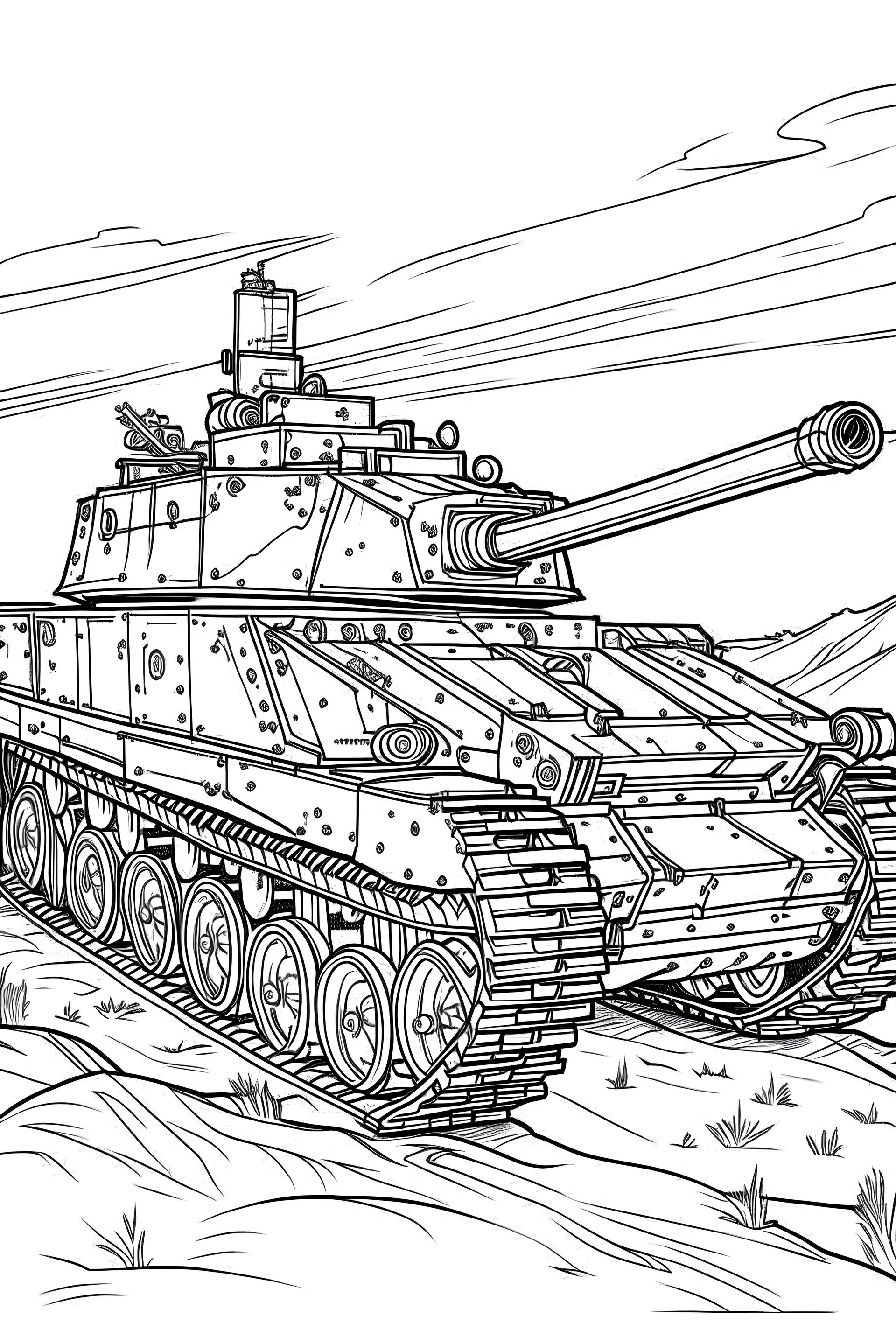 drawing with pen outline art for adults coloring book Coloring for Adults of Scenes, Military tank illustration, white background, sketch style, only outlines used, cartoon style, lines, coloring book, clean lines, no background. White, Sketch style.