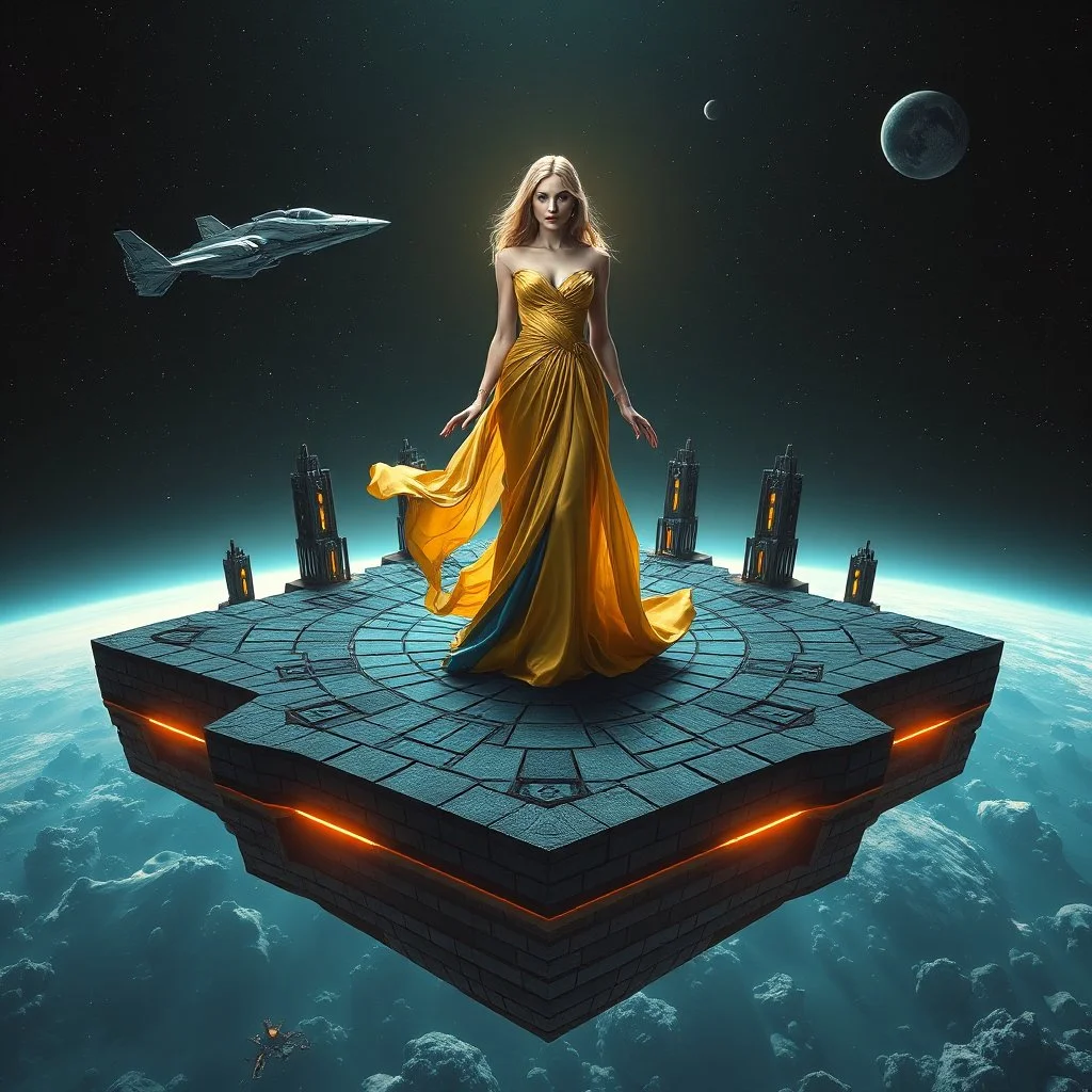 A breathtaking cosmic fantasy scene featuring a stunningly realistic beautiful woman with a perfect face and sculpted figure standing gracefully at the center of a floating geometric platform in deep space. She wears an elegant flowing gown in vibrant gold and blue hues that billow around her perfect form. The huge platform is constructed from dark cobblestone-like blocks arranged in a star shape and Space craft landed over it. Surrounding her are CIFI buildings