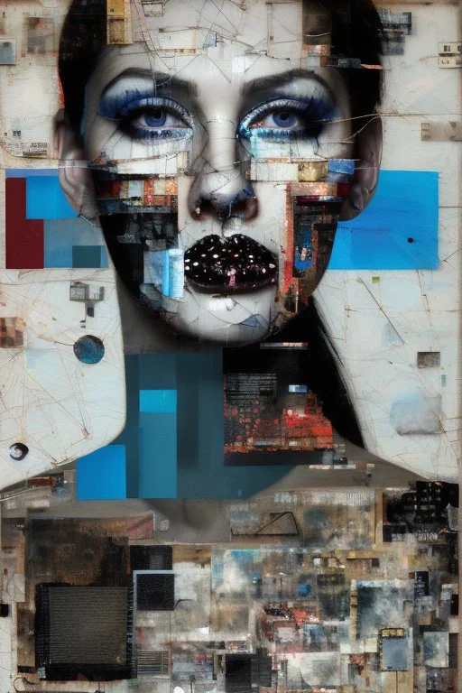 Ultra detailed medium portrait painting of a beautiful woman, she is crying and upset, masking tape on her mouth, blue brushed eye, torn up collage of clippings, broken circuitry background, matrix effects, punk visual art, punk art aesthetic, graffiti art, pop surrealism, collage art, cluttered paint glitches