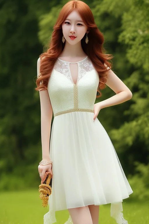 full shot body of Woman portrait with fairly pale skin , green eyes, long auburn hair, and wearing a pretty lace dress . Her outfit is a sexy dress , nice sport shoes. country side ,small lake with a hose in side,