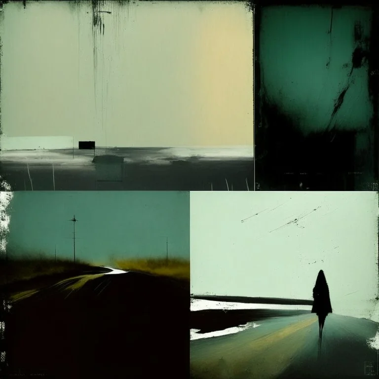 Minimal abstract oil paintings desolate 1960s lost highway. Concrete textures. style of Phil Hale , Daniel Pitin