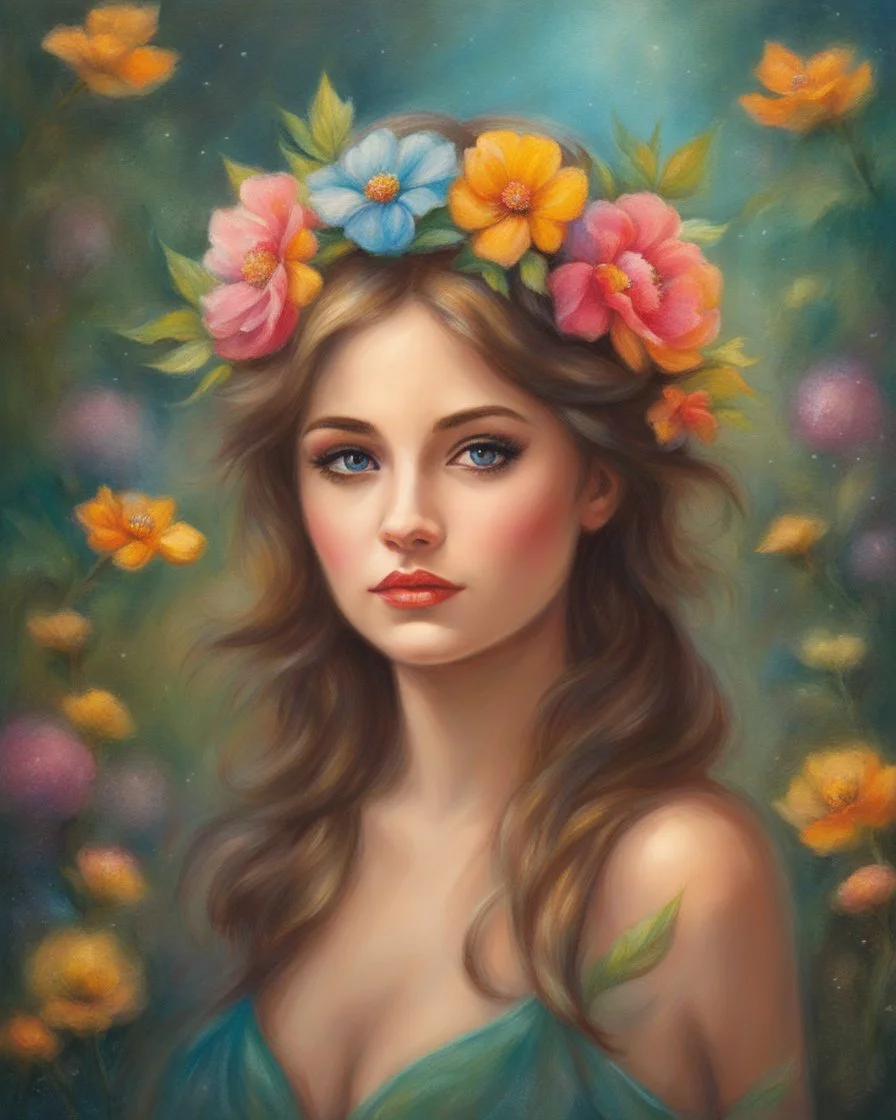 Oil pastel painting of a beautiful girl, fantasy, dream, forest, glitter background, beautiful, oil pastel painting, fantasy art, fairy, young girl, beautiful portrait painting, flowers, colorful, inspired by Thomas Kinkade, fine art, 8k