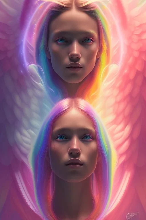 A portrait of an ANGEL with aura of 7 rainbow colors, cute, beautiful, long hair, rainbow hair, rainbows, close up portrait by Greg Rutkowski