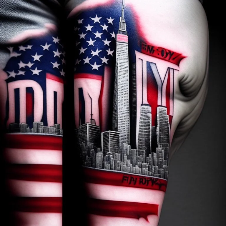 dramatic bicep tattoo of NYC Twin Towers with text "FDNY" and "9-11-01", American flag motif, stylish modern tattoo, hyperreal, dynamic composition, complex contrast, CGsociety