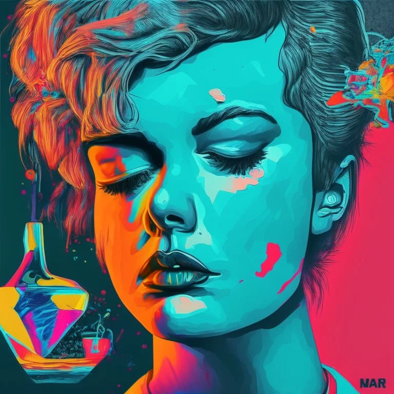 Depict a composition with contrasting elements representing the allure and temptation of drugs. Use bold colors and strong visual contrasts to create tension.