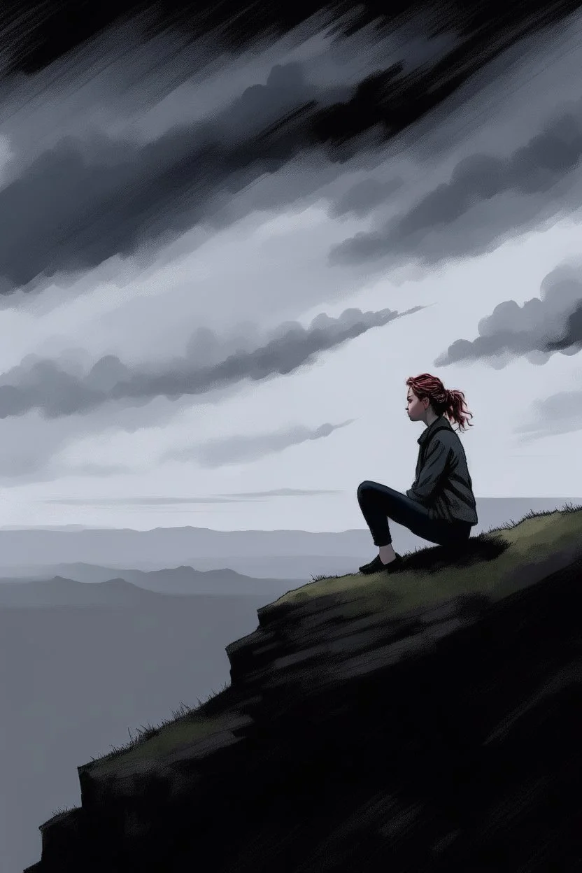 Ilustration of a woman sitting on the edge of a cliff, with a dark and cloudy sky in the background