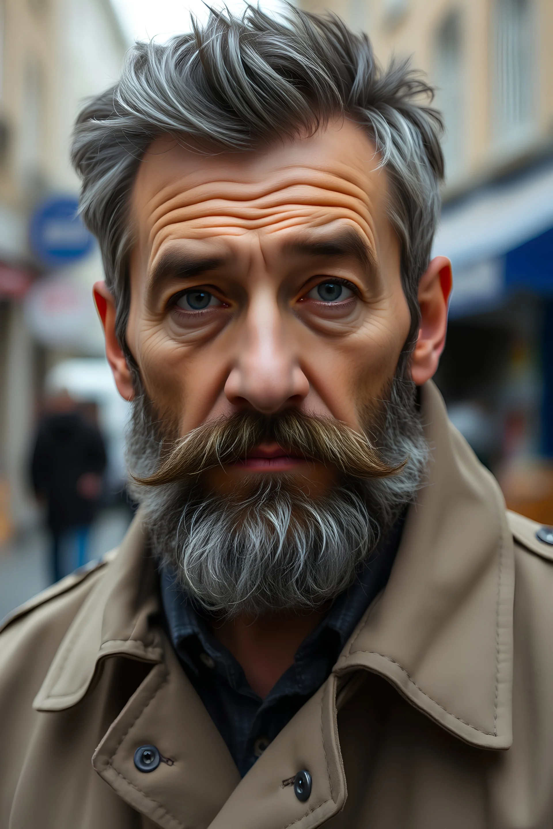 A character portrait of the face of a male with black greying hair, full short beard and aging face. He wears a trenchcoat and is standing in the street