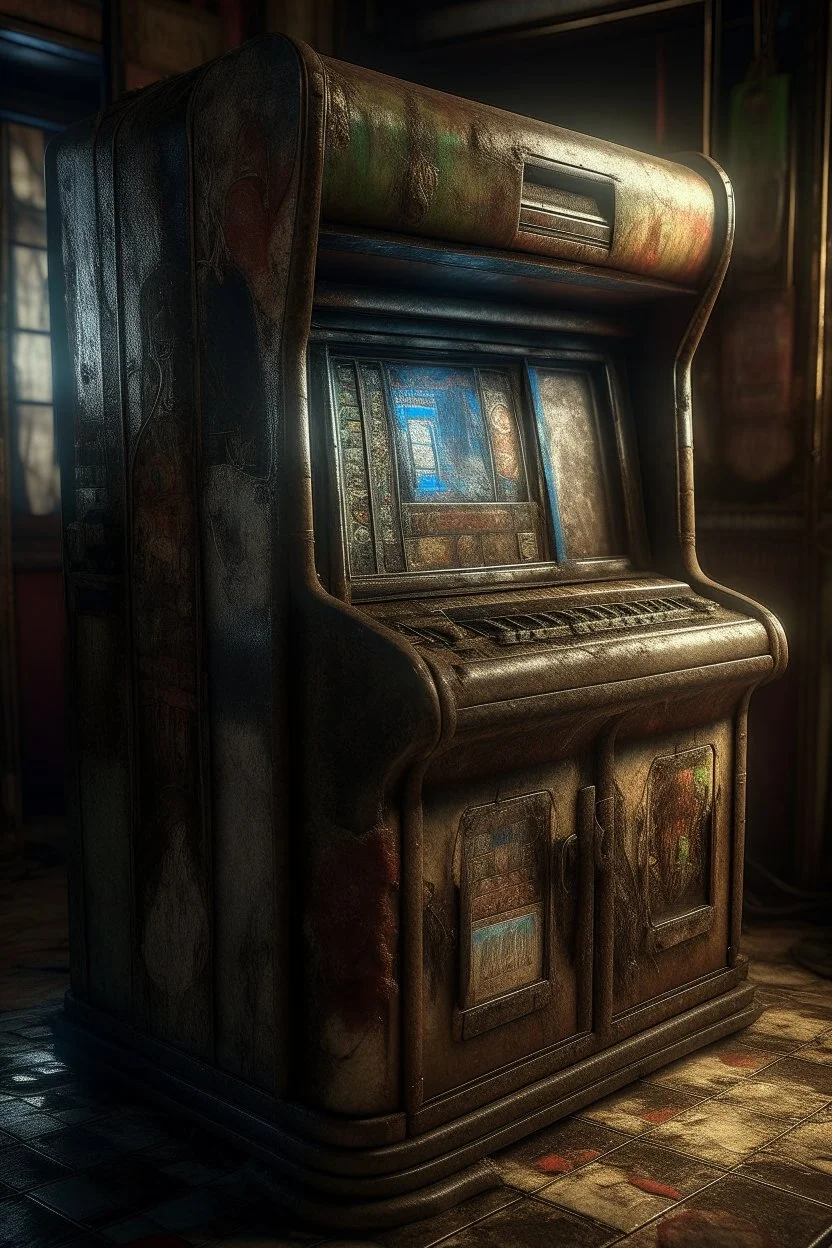 "A very old paints cracked dirty abandoned jukebox in an abandoned bar insanely detailed octane render trending on artstation, 8k artistic photography, photorealistic concept art, soft natural volumetric cinematic perfect light, chiaroscuro, award-winning photograph, masterpiece, oil on canvas, Raphael, Caravaggio, Greg Rutkowski, people, beksinski, Giger
