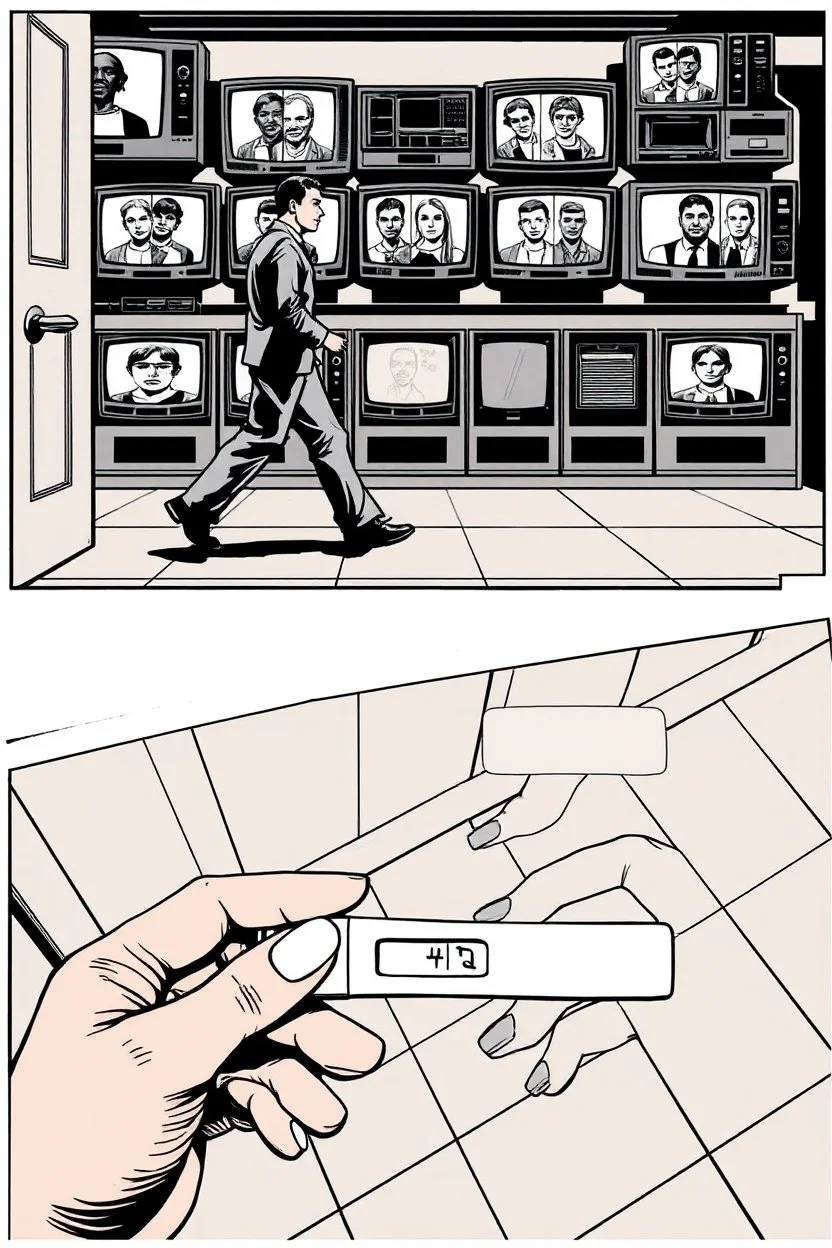 uncolored comic book page: top panel(man on his way out the door walks past a display of televisions on which a bulletin of wanted criminals mugshots appears, higher over the shoulder camera perspective), bottom panel(pov a woman's hand with acrylic nails holding a pregnancy test that shows a positive result, tile floor below), panels divided at a 30 degree angle