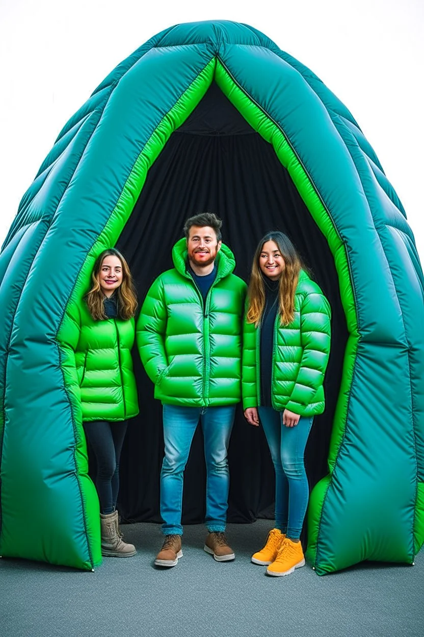 Three persons inside a giant jacket